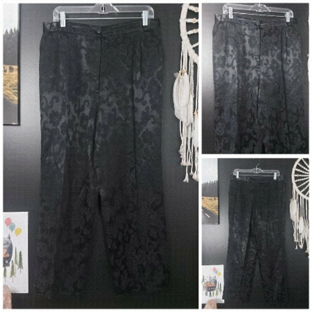 VINTAGE Black Satin Baroque Floral Print Embroidery Trousers